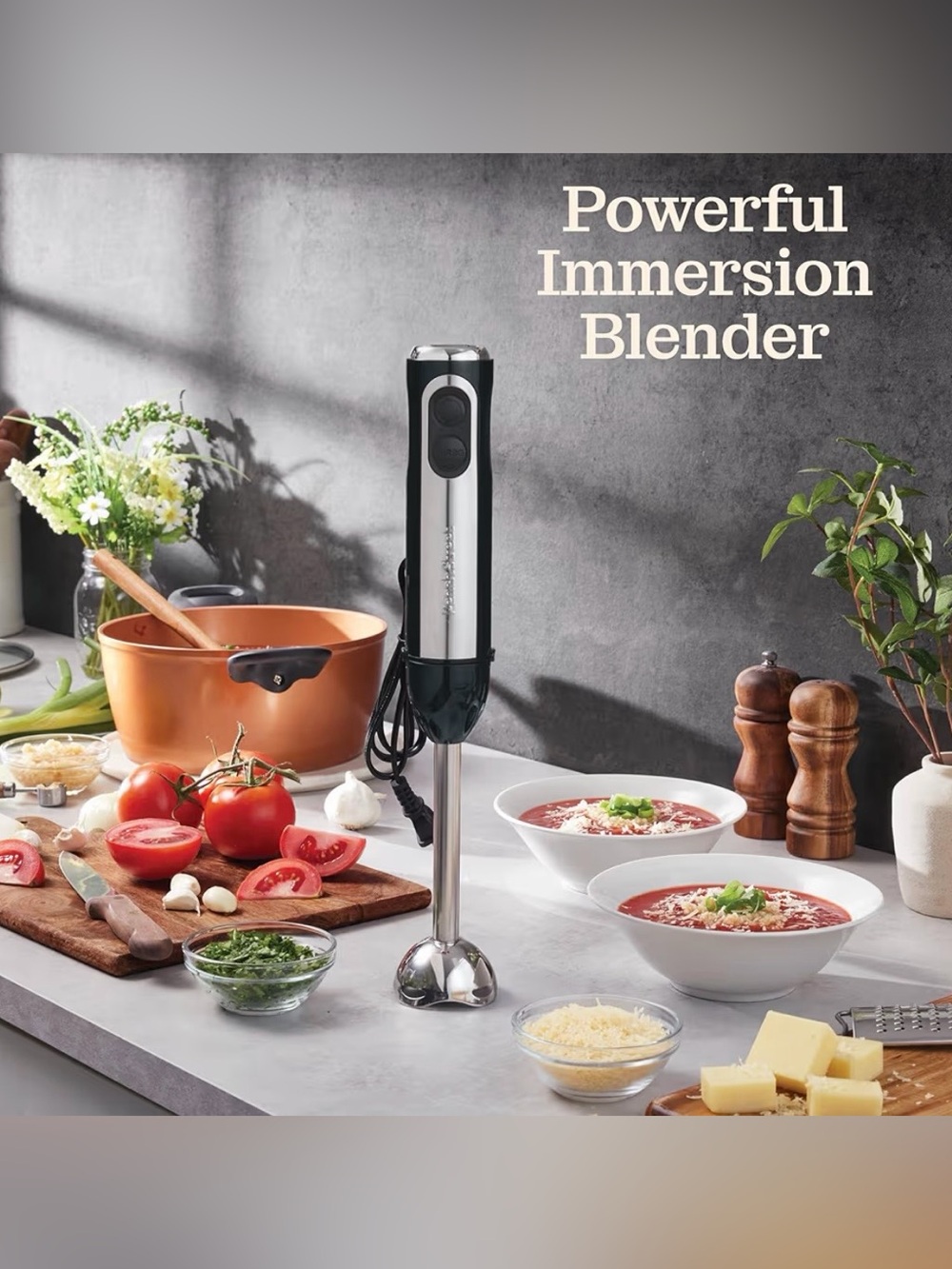 Powerful Black and Stainless Immersion Blender 500 Watt Turbo Speed